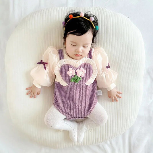 長袖ロンパース purple / 66cm ベビー 長袖ロンパース サスペンダーパンツドッキング リボン パープル ガールズ 女の子 子供服