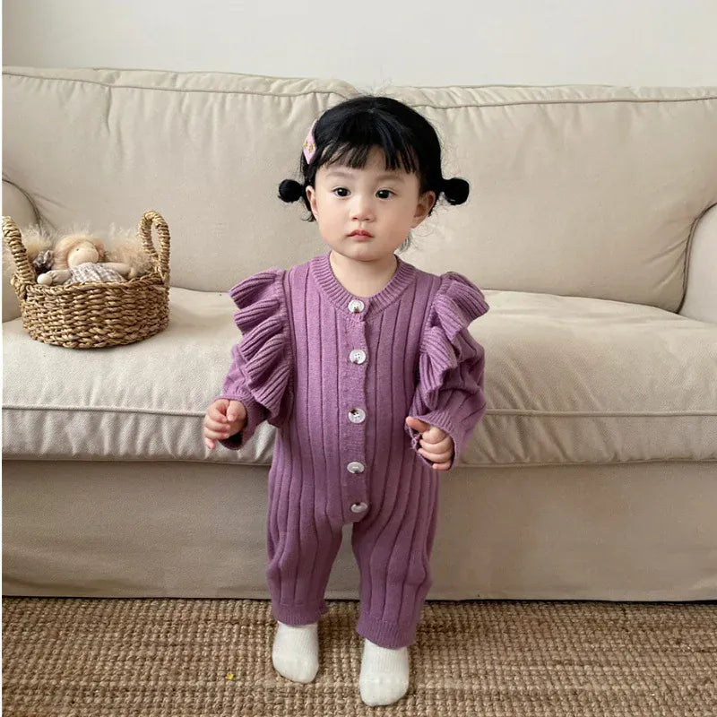 長袖ロンパース purple / 6M 66cm ベビーロンパース 長袖ジャンプスーツ ニット フリルショルダー ベージュ/パープル/2カラー