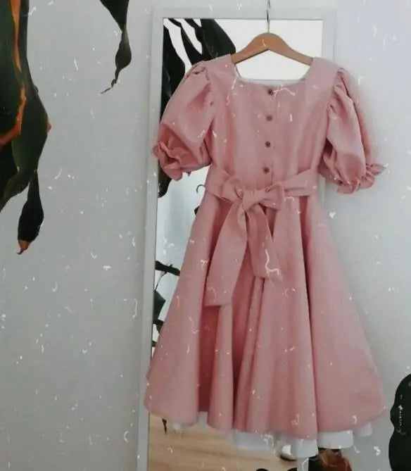 半袖ワンピース Q601 pink / 90CM 1-2Y キッズワンピース 半袖パフスリーブサマードレス バックリボン お出かけ 2カラー