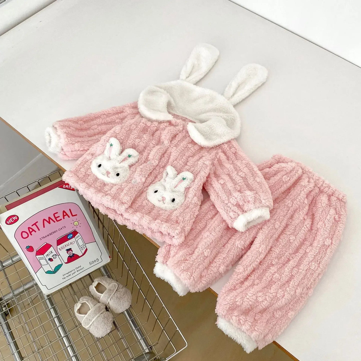 長袖パジャマ rabbit / 73cm 6-9M ベビーキッズパジャマセット くまベア/うさぎバニー耳付きフリースカーディガントップス+ロングパンツ 防寒ルームウェア2カラー【mh0007514】