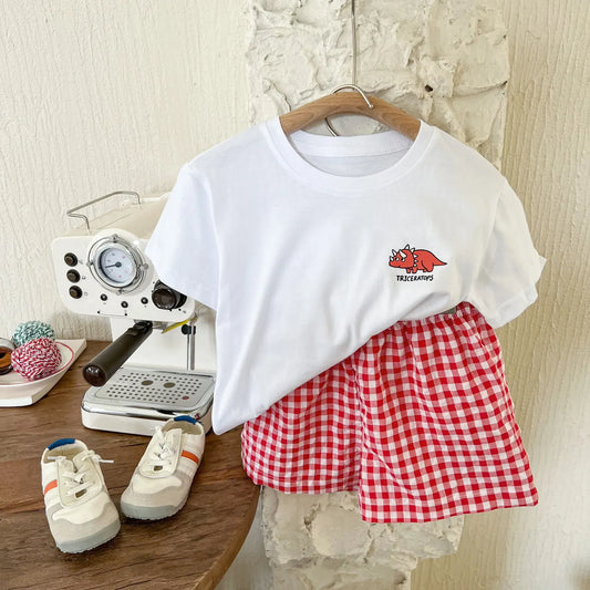 半袖セットアップ Red / 2T 90cm キッズセットアップ 2点セット 半袖Tシャツ+チェックショートパンツ ダイナソー恐竜プリント 4カラー【mh0005509】