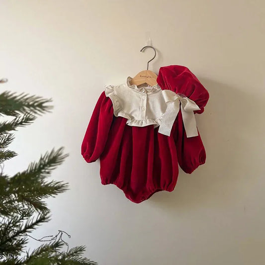 長袖ロンパース red / 66cm ベビー長袖ロンパース 帽子セット フリルスタンドカラー リボン付きベレー帽 レッド ブラック 2カラー ガールズ 女の子 子供服