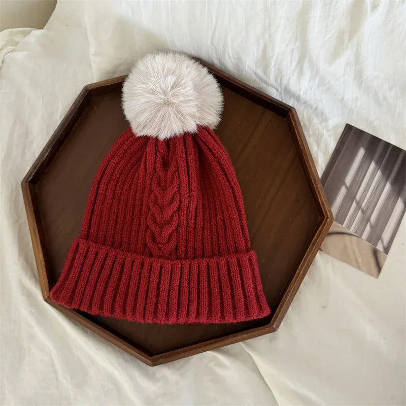 ベビー用帽子 red hat / One Size キッズ帽子/マフラー ポンポン付きニットキャップ/ポンポン付きネックウォーマーマフラー【mh0008192】