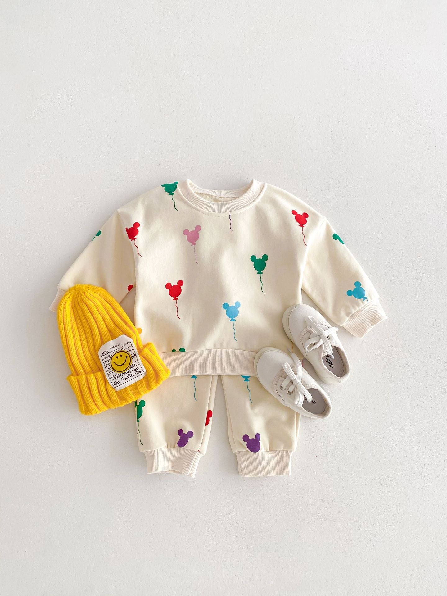 長袖セットアップ set / 80cm キッズセットアップ 2点セット 長袖スウェットシャツ ロングパンツ 長袖ワンピース カラフルミッキーバルーンプリント リンクコーデ 姉妹兄弟 お揃いコーデ【mh0003844】