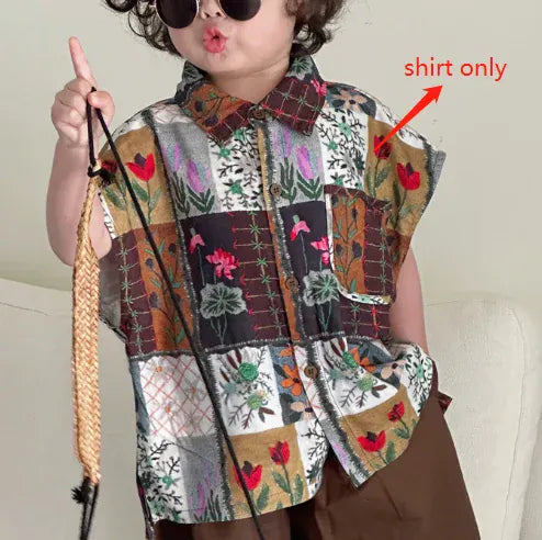 半袖シャツ・ブラウス shirt / 90ccm 1-2y キッズトップス/ストラップパンツ 半袖パッチワークシャツ/サスペンダーショートパンツ