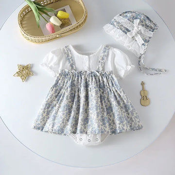 長袖ロンパース short sleeve / 66cm 0-6m ベビーロンパース フラワープリントワンピースドッキング長袖/半袖ボディスーツ+ボンネット帽子セット【mh0007548】