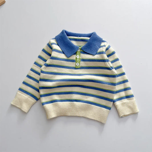 長袖ロンパース Sweater / 6M 66CM ベビージャンプスーツ 長袖ポロシャ ニットロンパース ボーダー柄【mh0004371】