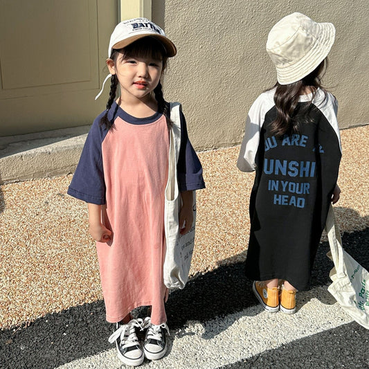 半袖ワンピース キッズ レターロゴ 半袖 ラグラン ビッグシルエット ロング Tシャツ ワンピース ピンク ブラック ガールズ