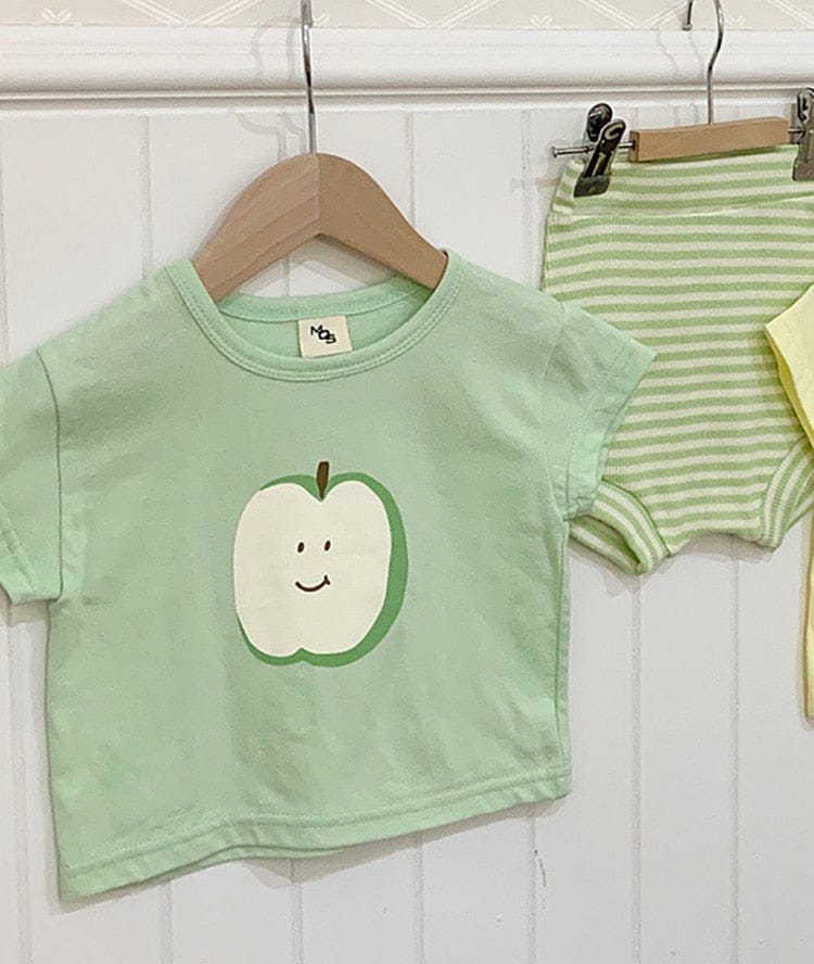 半袖ロンパース ベビー キッズ セットアップ 半袖 プリント Tシャツ ボーダー ハイウェスト ブルマパンツ グリーン イエロー ユニセックス