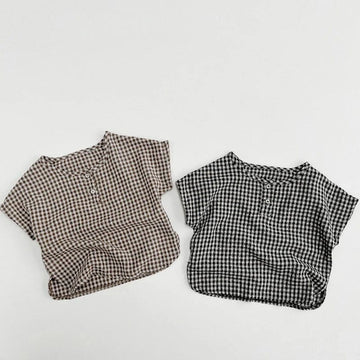 半袖シャツ・ブラウス ☺︎ キッズトップス ノーカラー半袖シャツ Tシャツ レトロチェック 2カラー