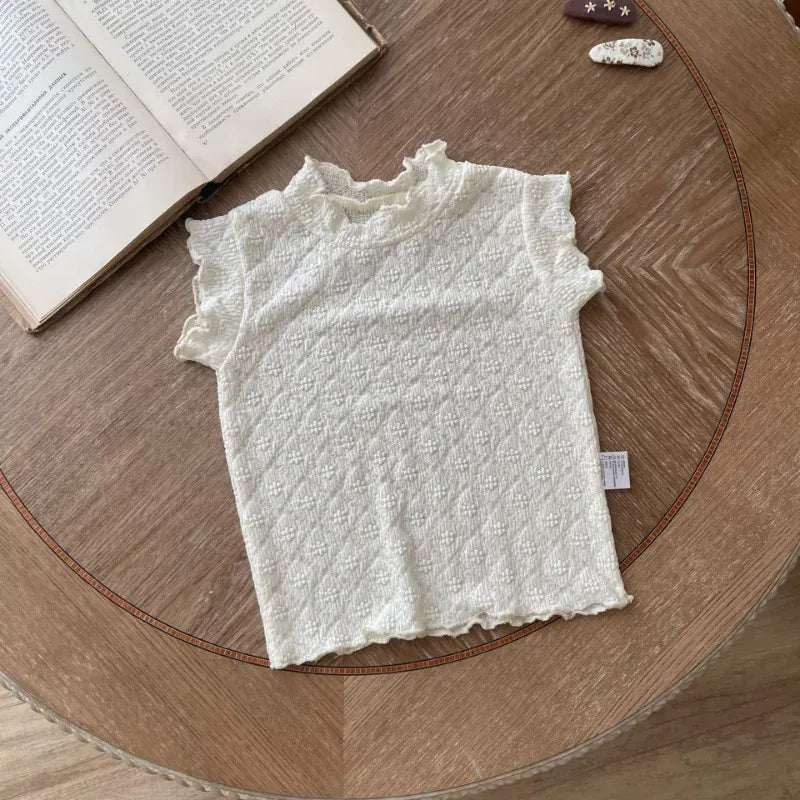 キッズ用ノースリーブTシャツ スタンドフリルカラー レースニット(ホワイト)