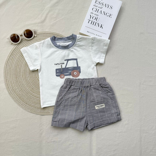 半袖セットアップ トラクタープリント半袖Tシャツ+ストライプショートパンツセットアップ 2点セット【mh0010419】