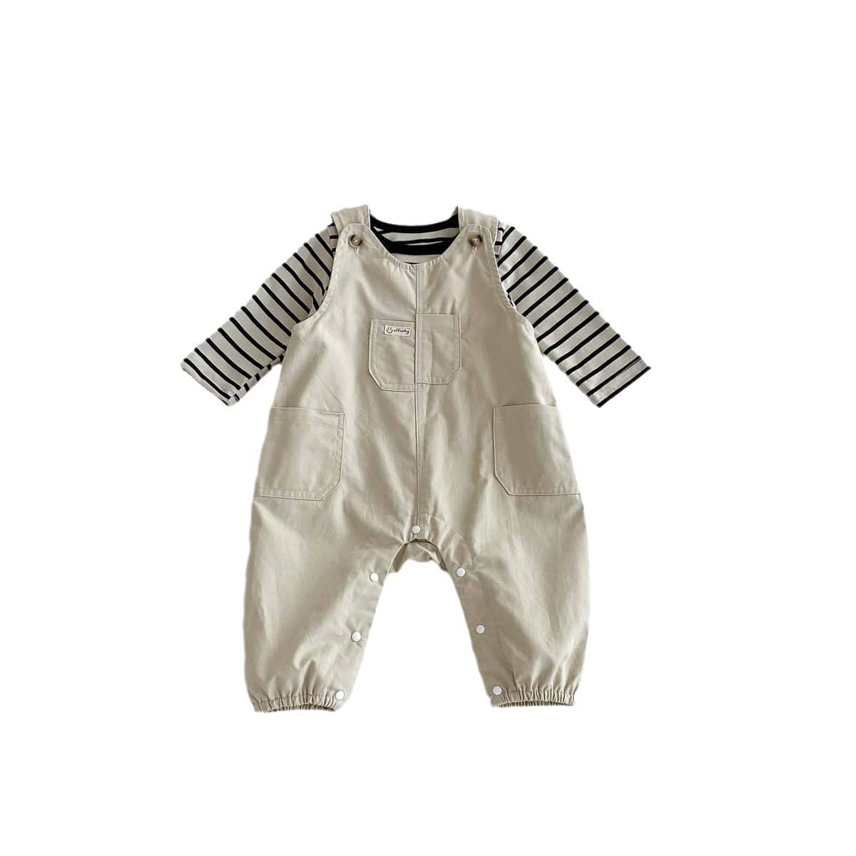 長袖セットアップ ボーダーTシャツ+オーバーオールセットアップ2点セットサロペット【mh0010918】