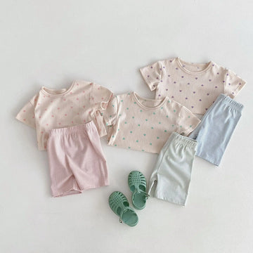 半袖パジャマ キッズパジャマセット 半袖ハートプリントTシャツ+ボーダーショートパンツ ルームウェア 3カラー