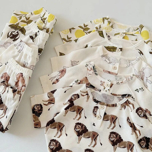 半袖パジャマ キッズパジャマセット ワッフル 半袖Tシャツ+ハーフパンツ アニマルプリント柄【mh0004594】