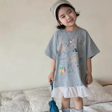 半袖ワンピース キッズワンピース 半袖Tシャツワンピース チュチュチュールフリル お絵描きプリント グレー【mh0006109】