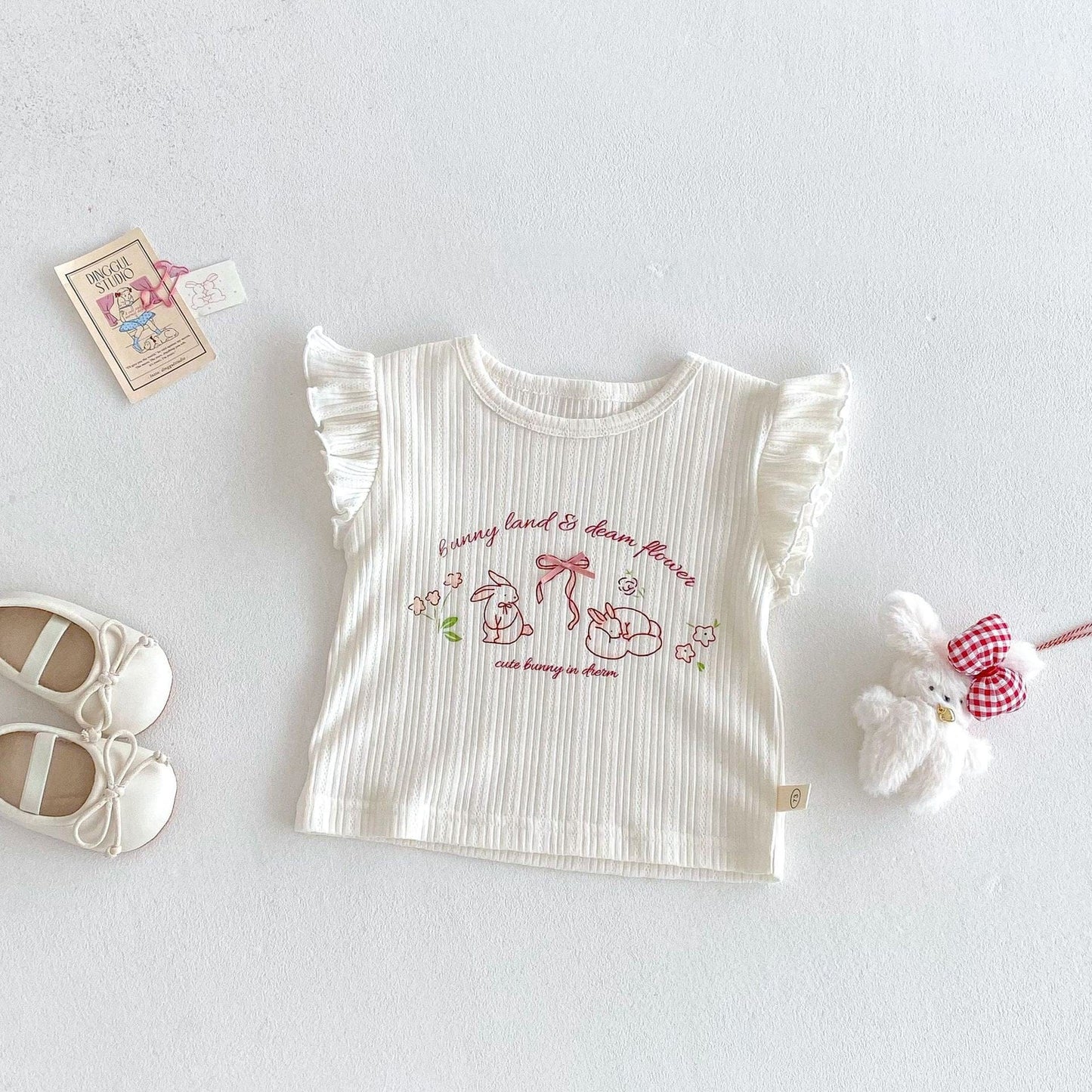 半袖セットアップ T-shirt cream white / 73cm バニープリントフリルスリーブTシャツ/チェック巻きスカートショートパンツ【mh0010369】