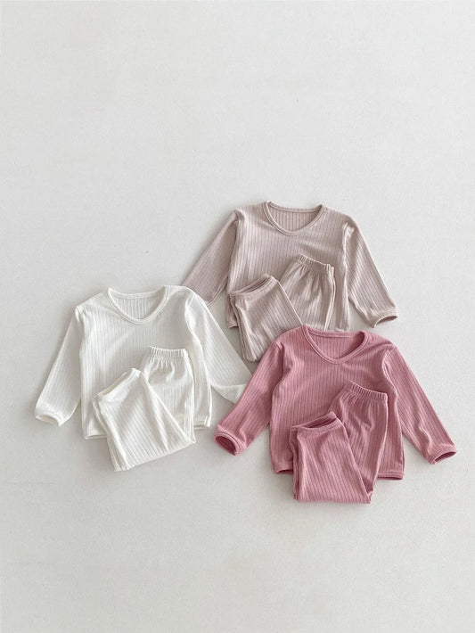 長袖パジャマ ベビーパジャマセット Vネックリブ長袖Tシャツ+ロングパンツ シンプルベーシック ルームウェア 3カラー