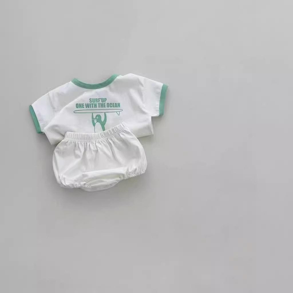 半袖セットアップ White / 24M 90CM ベビーセットアップ 2点セット 半袖Tシャツ+ブルマパンツ ペンギンサーファー 2カラー【mh0004983】