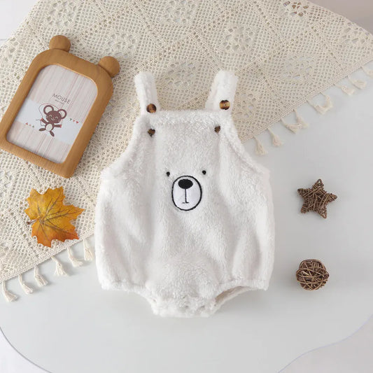 ノースリーブロンパース White / 66cm 0-6m ベビーロンパース ファーフリースベアくま刺繍サスペンダーボディスーツ 2カラー【mh0007500】