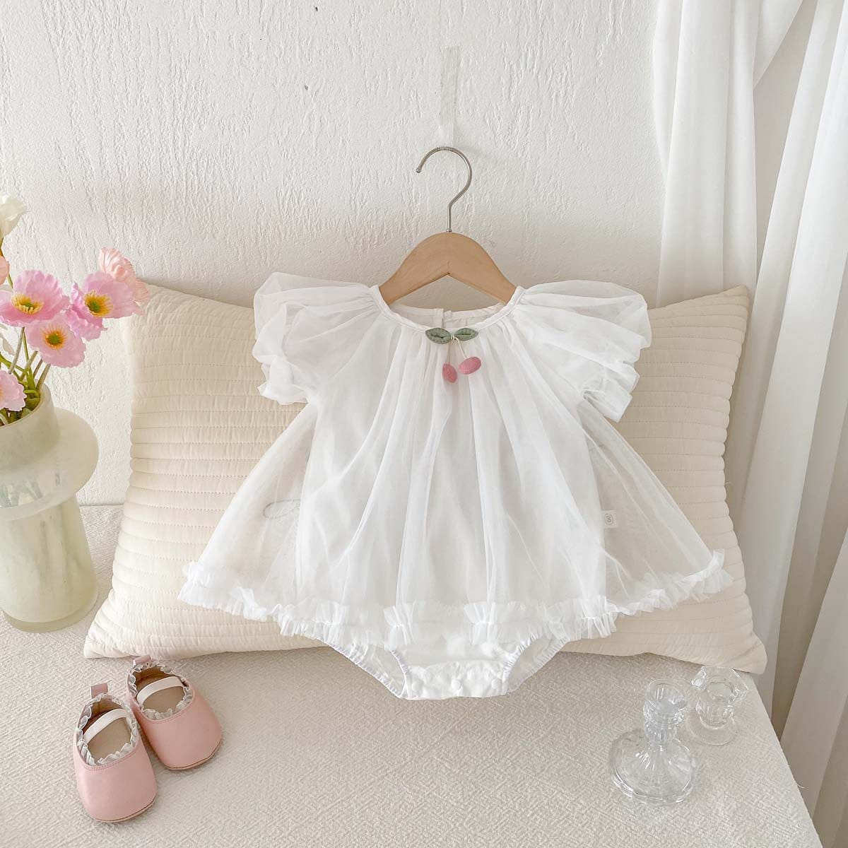 半袖ロンパース White / 66cm チェリーチュチュチュールスカート半袖パフスリーブドレスロンパース【mh0009753】