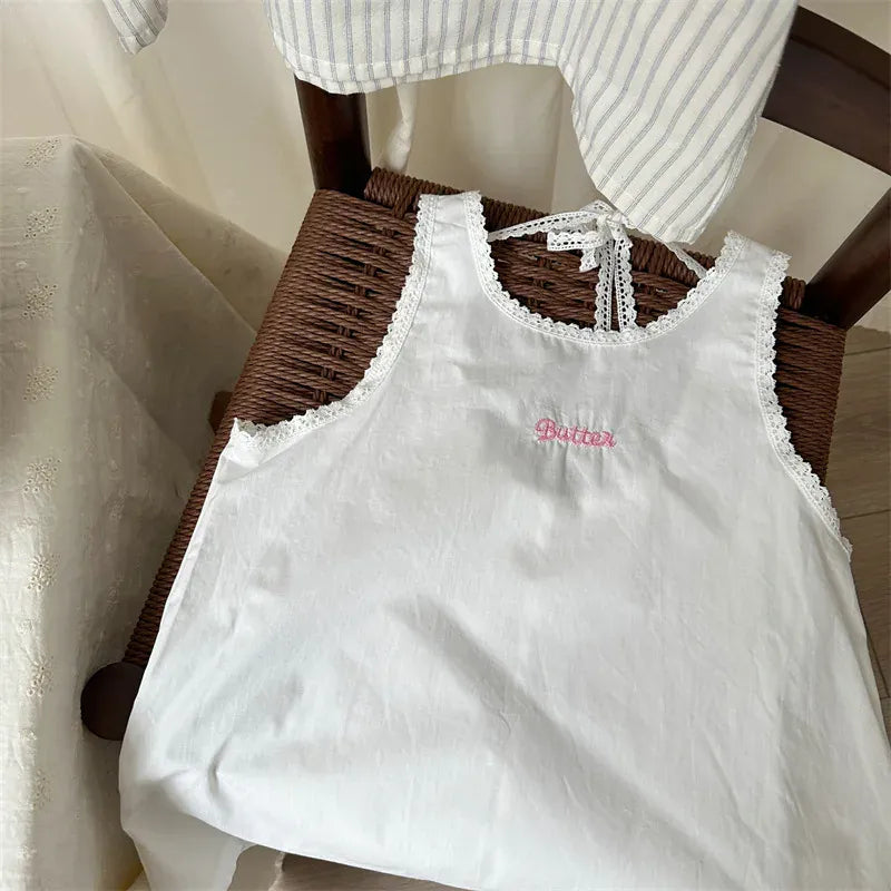 ノースリーブワンピース white / 80cm キッズワンピース レース 刺繍 ノースリーブ オーバーワンピース 無地/ストライプ