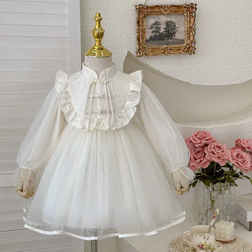 長袖ワンピース White / 90cm 1-2y キッズワンピース チュチュチュールレースチャイナボタン長袖ドレスワンピース【mh0007659】