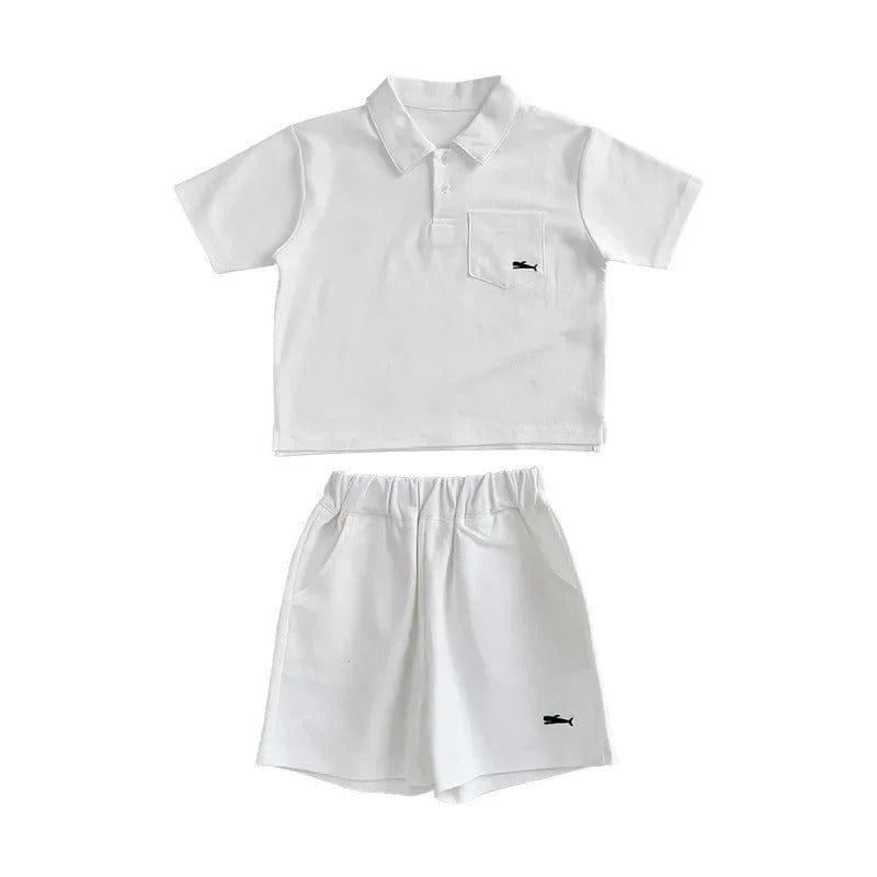 半袖セットアップ White / 90cm キッズセットアップ 2点セット 半袖ポロシャツ+ショートパンツ ワンポイント刺繍 3カラー【mh0006033】