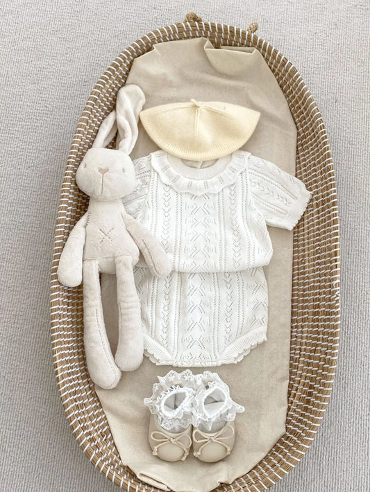 半袖セットアップ white suit / 6M 66cm ベビーセットアップ 2点セット レースニット 半袖ブラウス+ブルマパンツ 2カラー