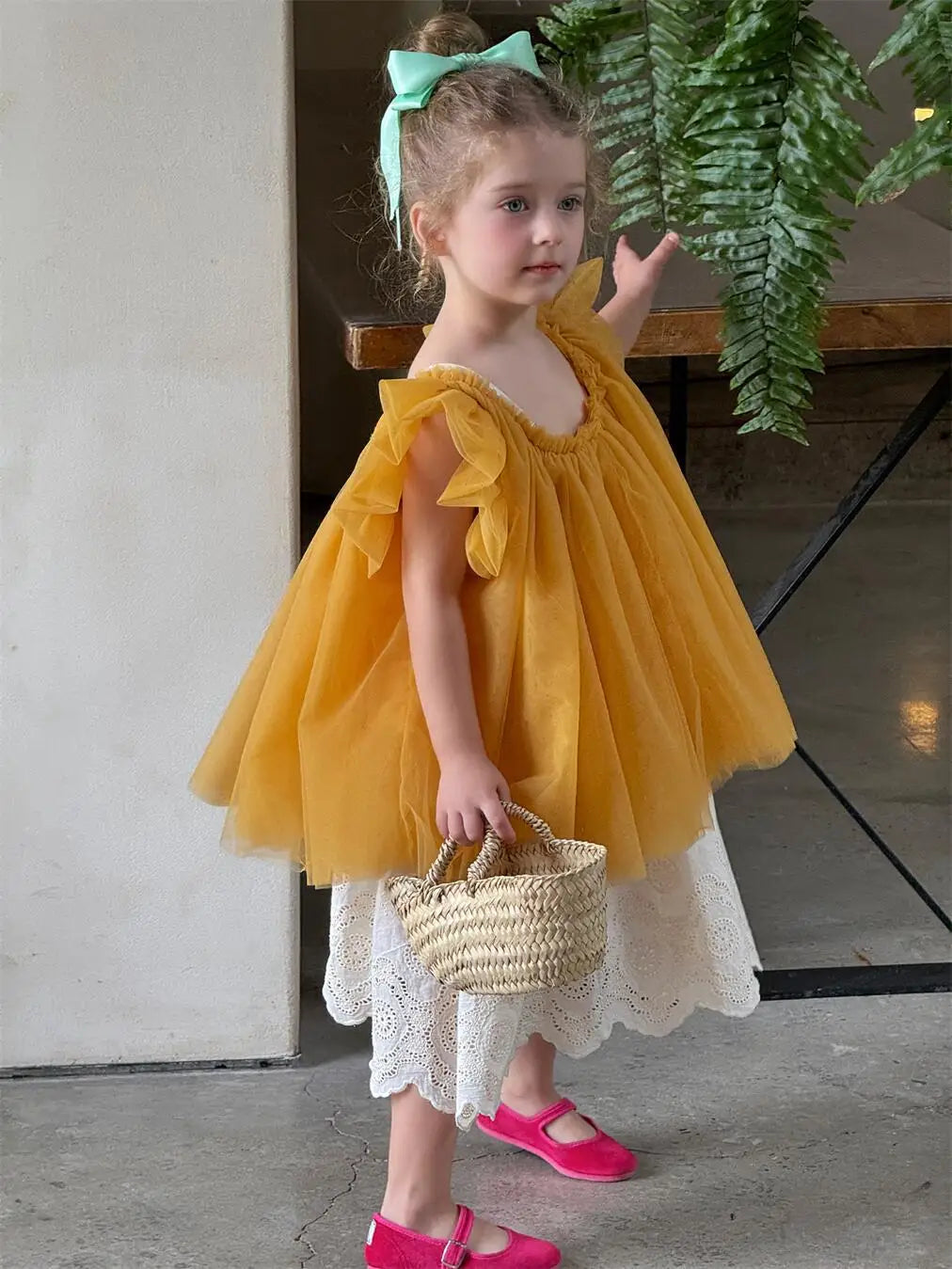 半袖シャツ・ブラウス Yellow / 2T-90 キッズトップス チュールメッシュバタフライスリーブボリュームチュニックブラウス【mh0008897】