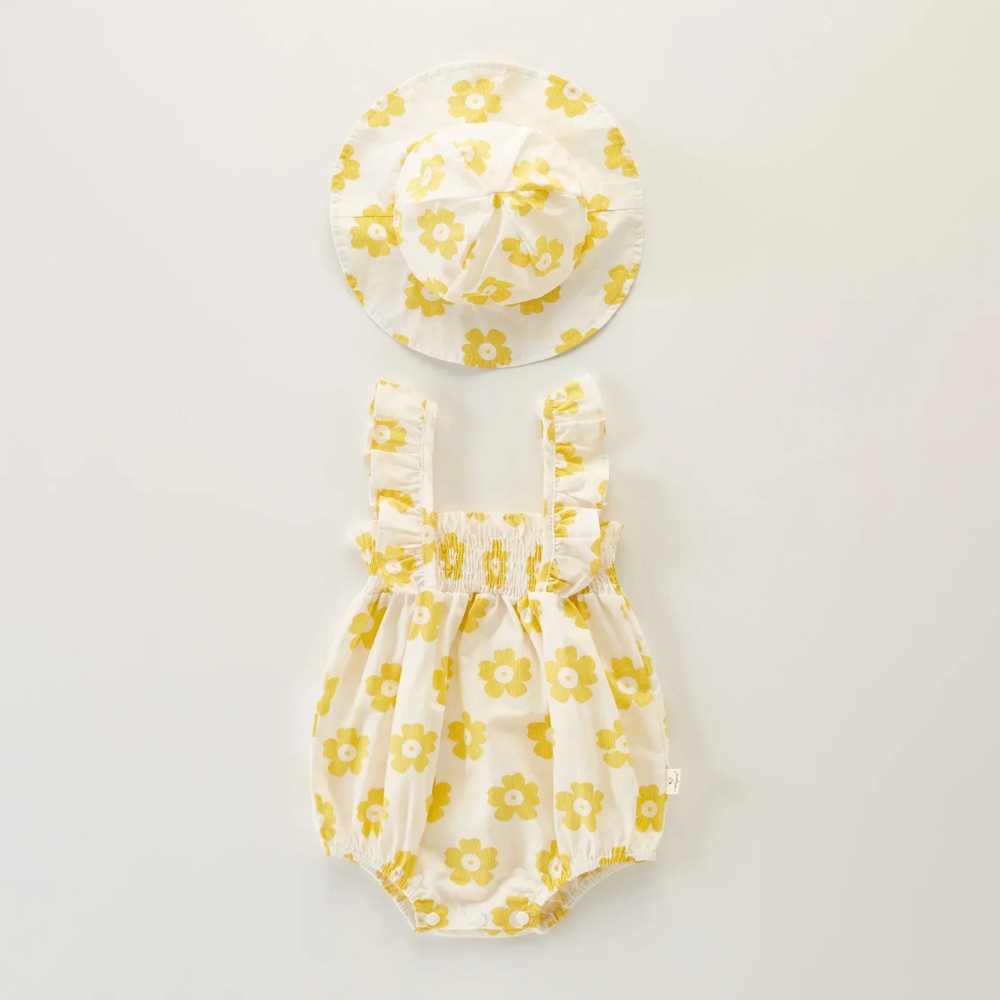 ノースリーブロンパース Yellow / 66cm ベビーロンパース 帽子セット ノースリーブボディスーツ チューリップハット フラワー花柄プリント 2カラー【mh0005934】