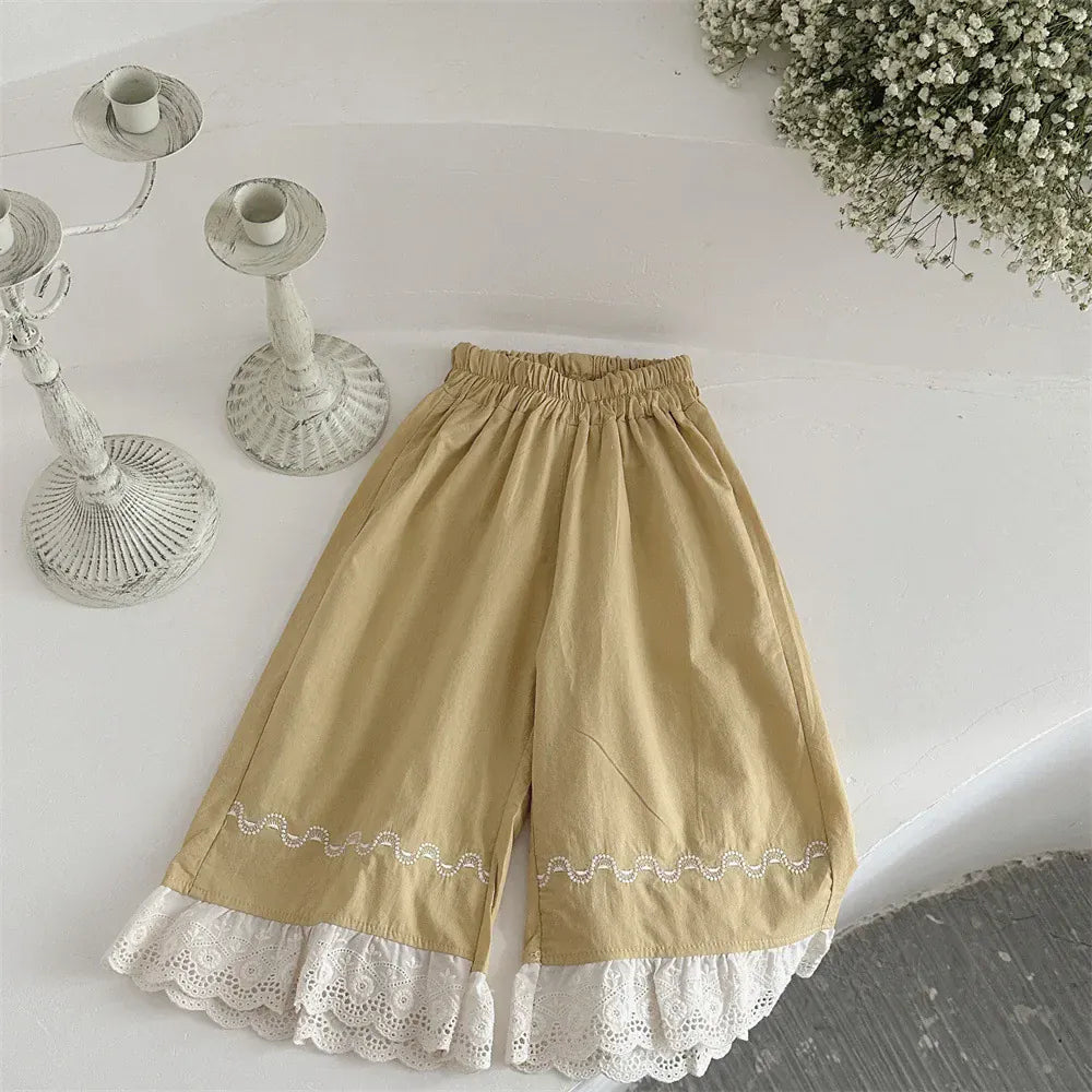 ロングパンツ・スウェットパンツ Yellow / 9-12 Months 80cm ベビーパンツ 裾レースフリルワイドルーズロングパンツ【mh0008838】
