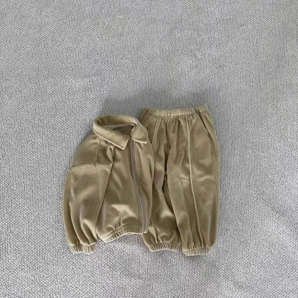 ベビーキッズセットアップ2点セット(黄)襟付きジップジャケット&ロングパンツ