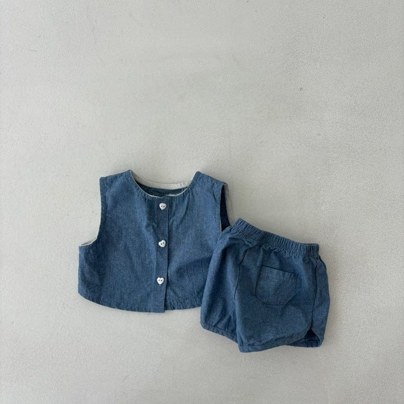 Navy Blue / 73cm デニムノースリーブシャツ+ショートパンツセットアップ 2点セット【mh0010412】