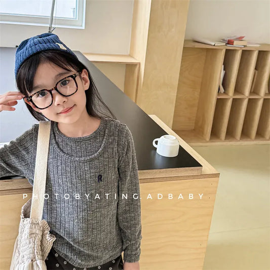 長袖Tシャツ キッズトップス ニット 長袖ドッキングカットソー 2カラー