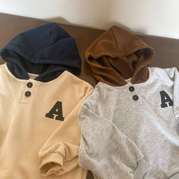 長袖Tシャツ キッズトップス フーディ袖スウェットシャツ アルファベットワンポイント アプリコット/グレー/2カラー