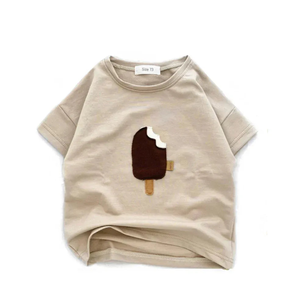 ベビー用半袖Tシャツ ベージュ系、アイスの刺繍アップリケ