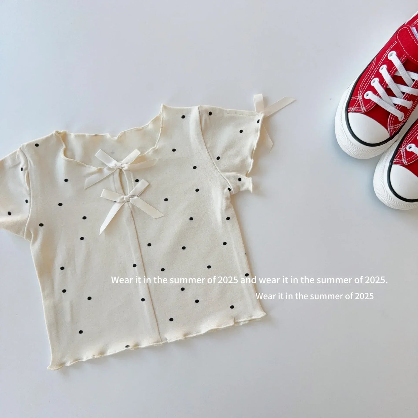 半袖Tシャツ Beige / 2T (90) キッズトップス 水玉ドットプリントリボン半袖カットソーTシャツ【mh0008889】