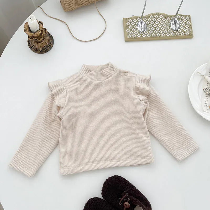 長袖Tシャツ beige / 66cm ベビートップス フリルショルダー ニット長袖カットソー ベージュ コーヒー 2カラー