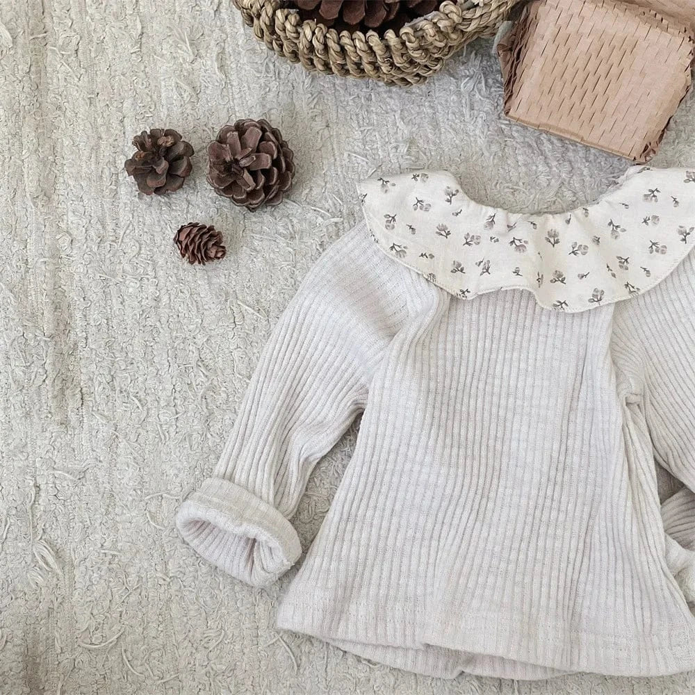 長袖Tシャツ Beige / 6M 66CM ベビートップス フラワープリントラッフル襟長袖Tシャツカットソー【mh0008545】