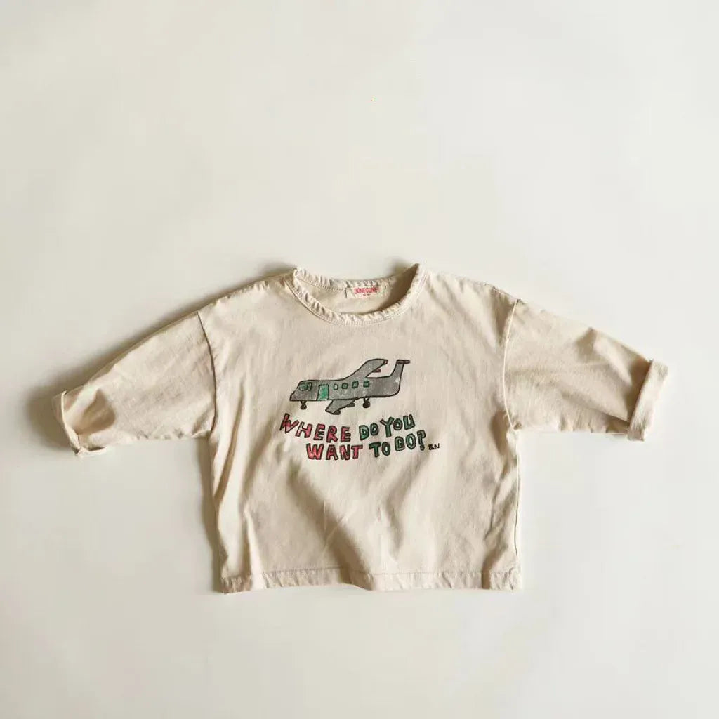 長袖Tシャツ Beige Apricot / 9M 73CM キッズトップス 飛行機プリント長袖Tシャツ【mh0008722】