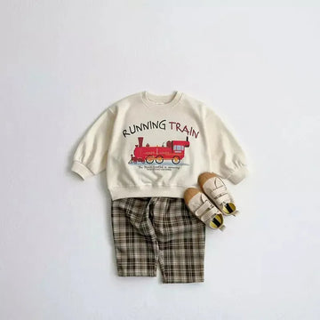 長袖Tシャツ beige white / 12M 80cm キッズトップス スウェットシャツ 乗り物プリント柄 3カラー