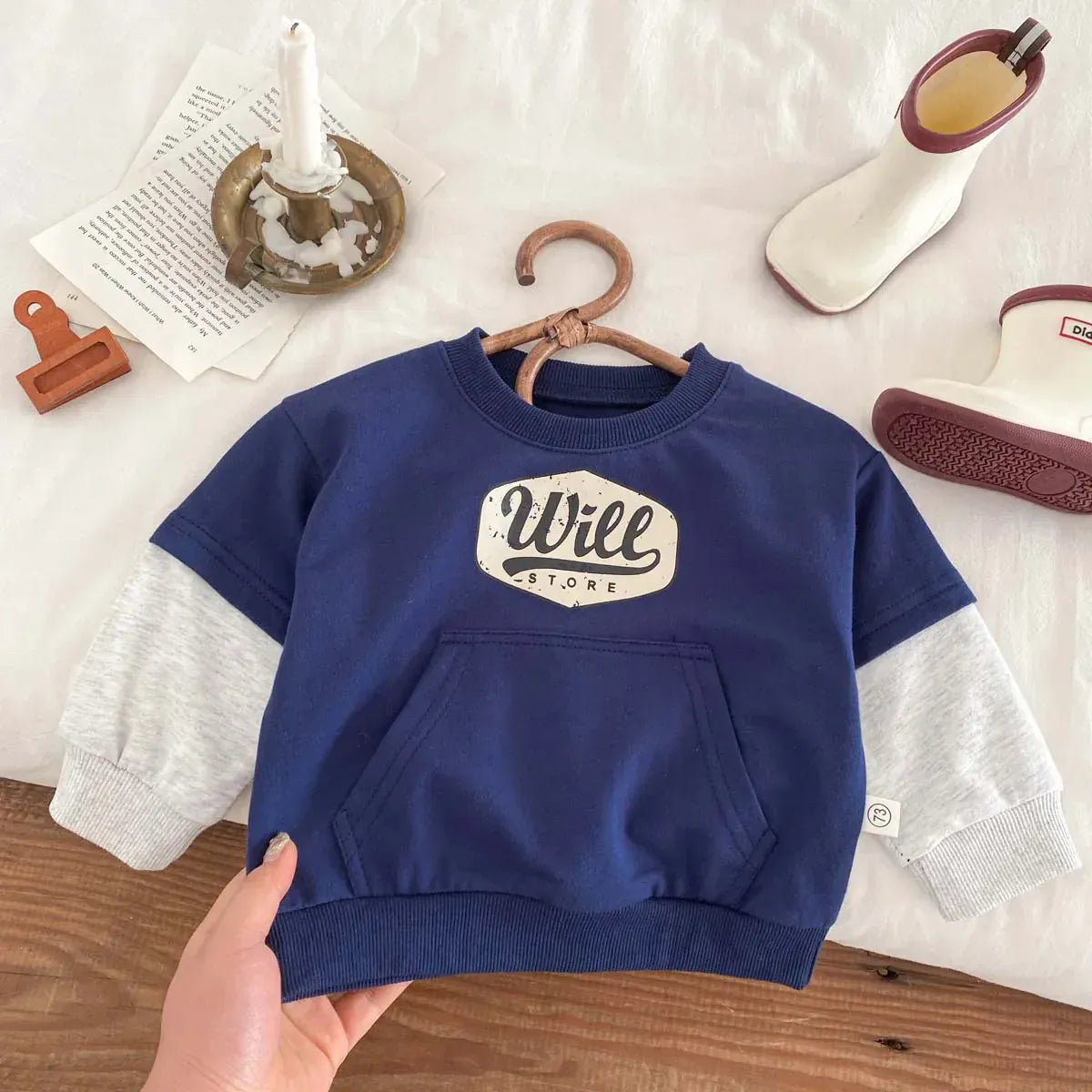 長袖Tシャツ blue / 73cm ベビートップス ドッキング 長袖スウェットシャツ レターロゴプリント オレンジ/ブルー/2カラー