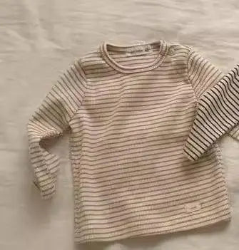 ベージュ系ボーダーのベビー用長袖Tシャツ、ラウンドネック