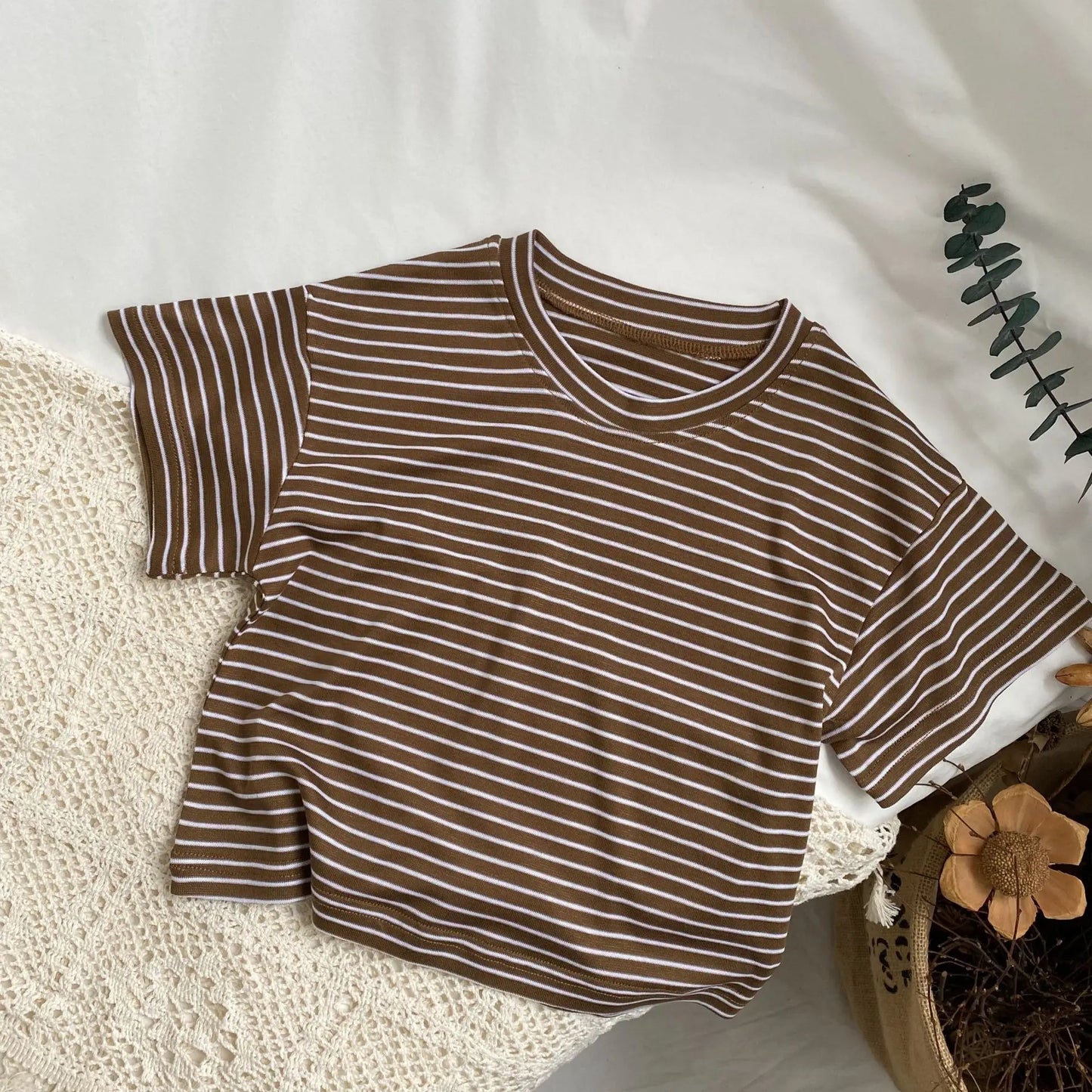 半袖Tシャツ coffee white / 12M 80cm キッズトップス ボーダー 半袖Tシャツ シンプルベーシック 2カラー