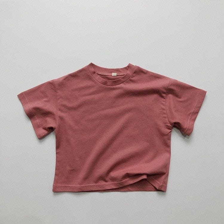 キッズ用ルーズ半袖Tシャツ(半袖・クルーネック)ローズピンク色、ワンカラー