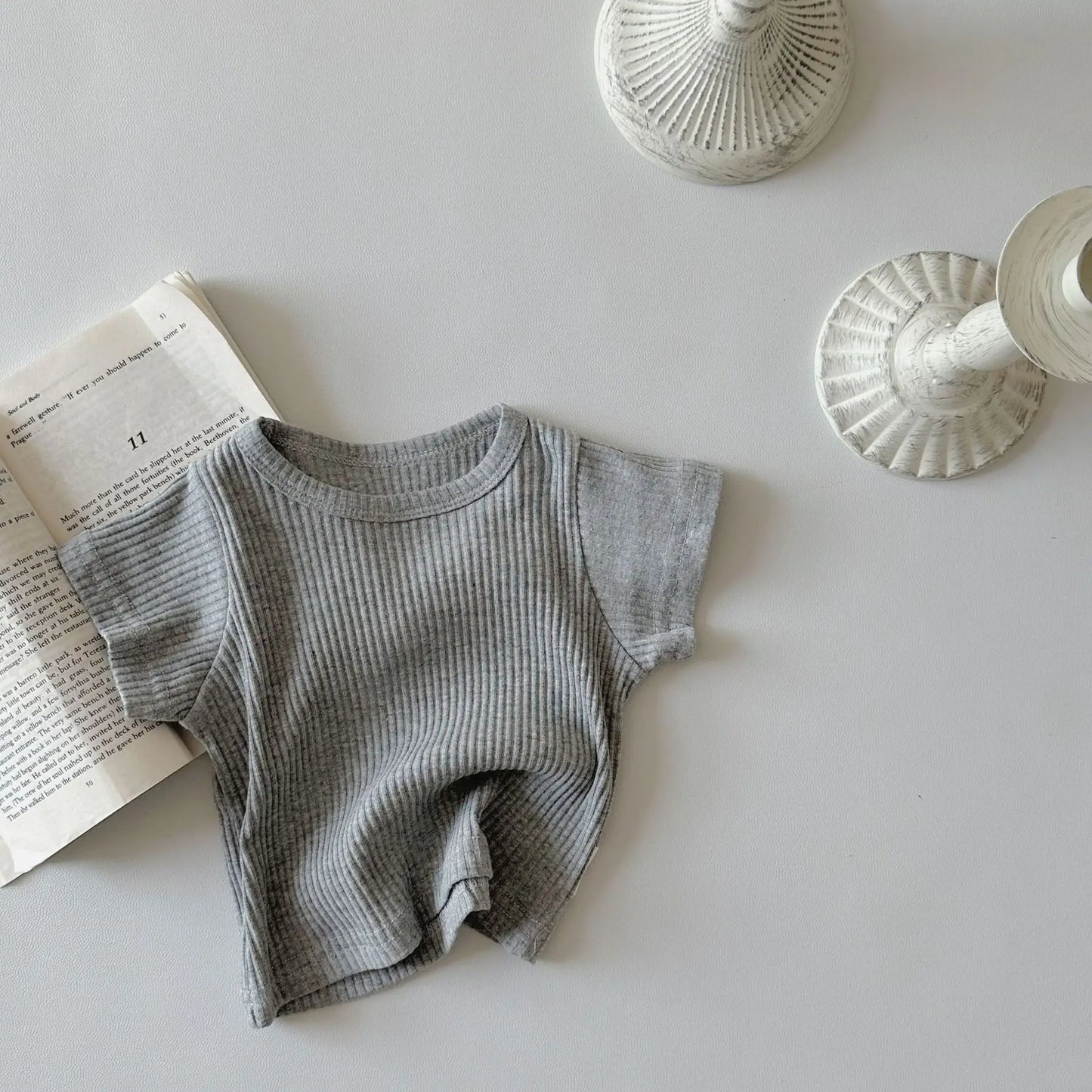 半袖Tシャツ gray / 12M 80cm ベビートップス リブ Tシャツ 無地 新生児 幼児 男女兼用 コットン オーシャンネック