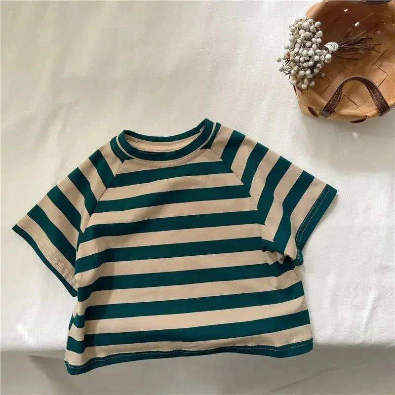 半袖Tシャツ Green / 12M 80CM キッズトップス ショートスリーブ Tシャツ コットン ベビー 男女兼用 カジュアル ストライプ柄【mh0005559】