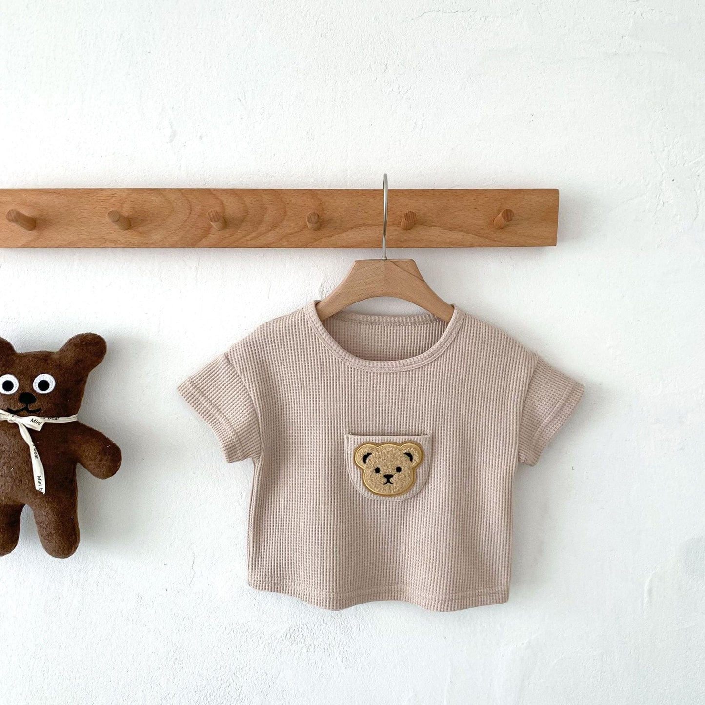 半袖Tシャツ Khaki / 6M/66cm ベビー くま ベア ワッペン ワッフル 半袖 Tシャツ トップス ベージュ ブラウン カーキ ボーイズ 5693B