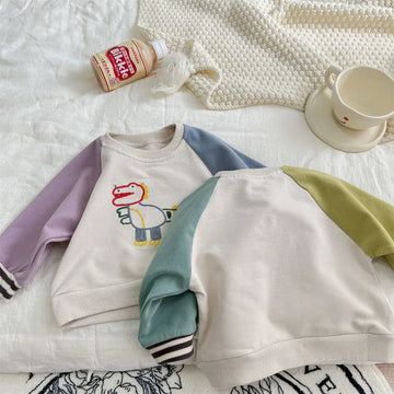 長袖Tシャツ ベビートップス 長袖スウェットシャツ 恐竜ダイナソー刺繍 カラフルパッチワーク ボーイズ 男の子 子供服【mh0003412】